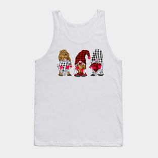 Three Gnomes  Holding Hearts Leopard Print Buffalo Plaid Valentines Day Shirt Tank Top